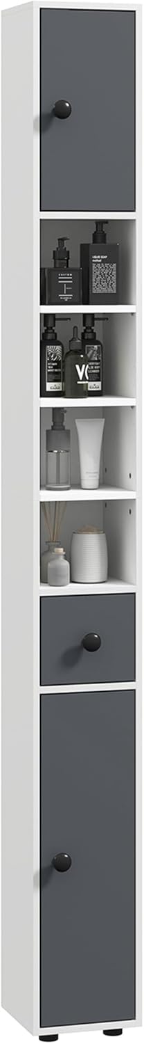 180cm Slim Bathroom Storage Cabinet 4 Shelves 2 Doors White Grey