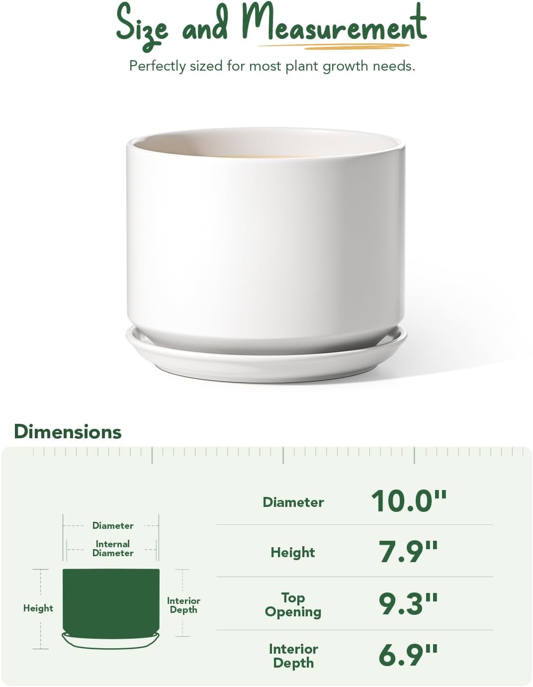 25cm Large White Ceramic Plant Pot with Saucer Modern