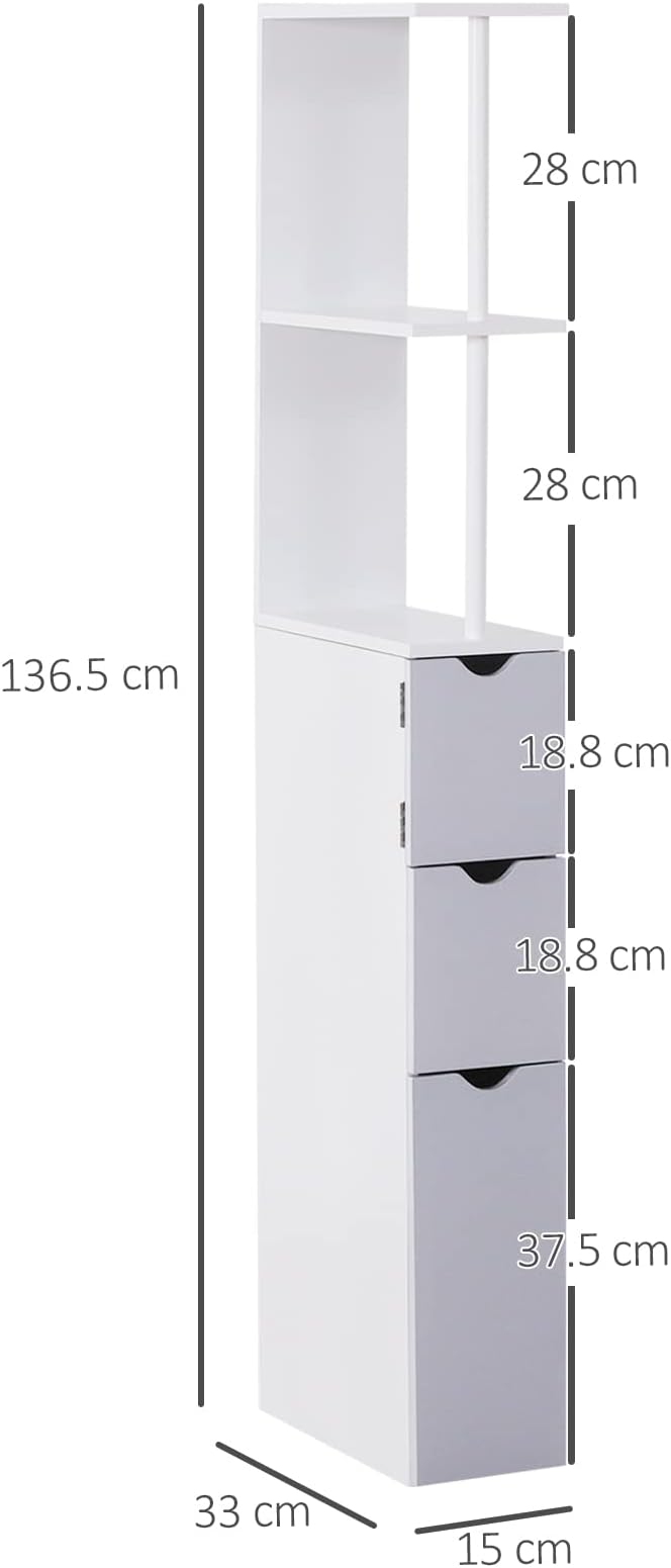 Slim Tall Bathroom Storage Cabinet 2 Drawers Shelves White Grey