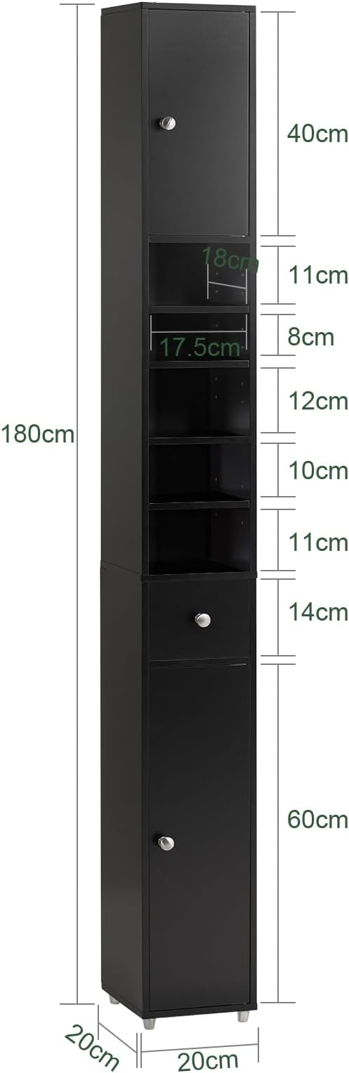 Tall Slim Bathroom Storage Cabinet 20cm Black Drawer 180cm