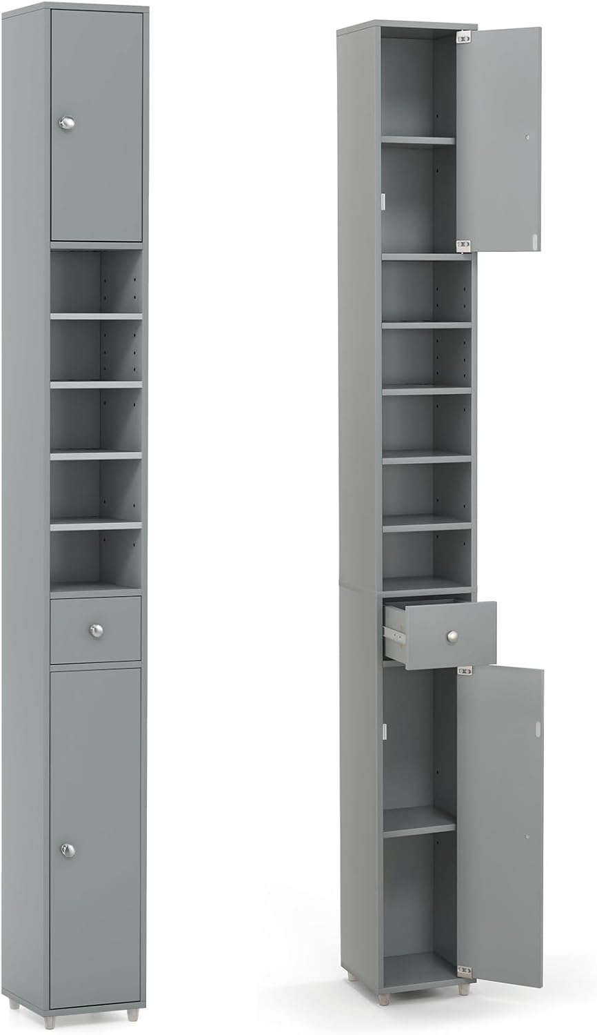Tall Slim Bathroom Storage Cabinet Drawer Adjustable Shelves Grey