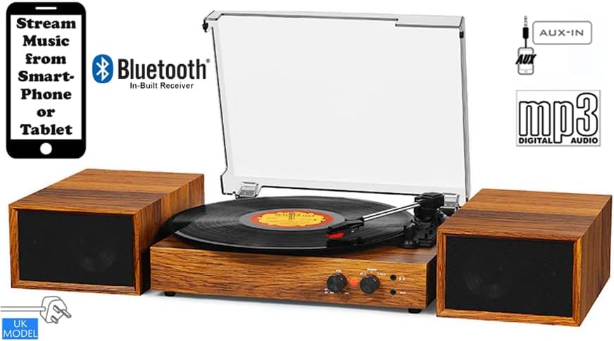 Stereo Record Player with Dual 10W Speakers Bluetooth Walnut