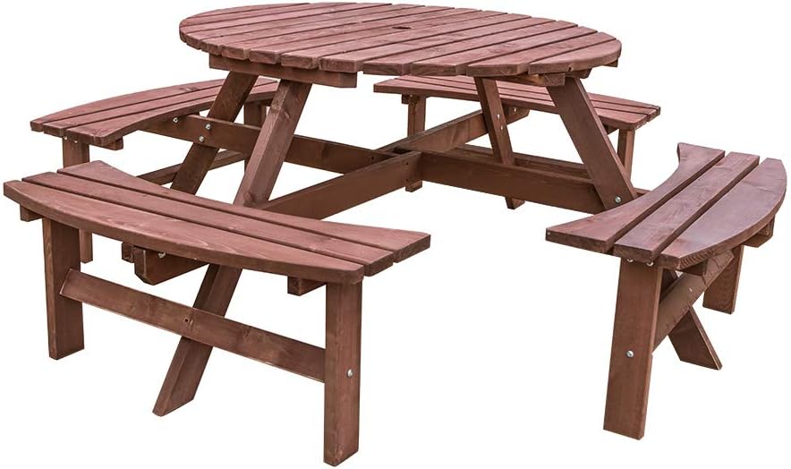 8 Seater Round Wooden Picnic Table Bench Set with Parasol Hole