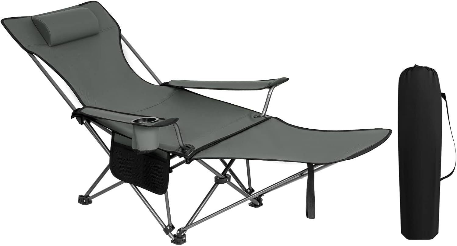 Reclining Camping Chair Folding Seat with Footrest Headrest