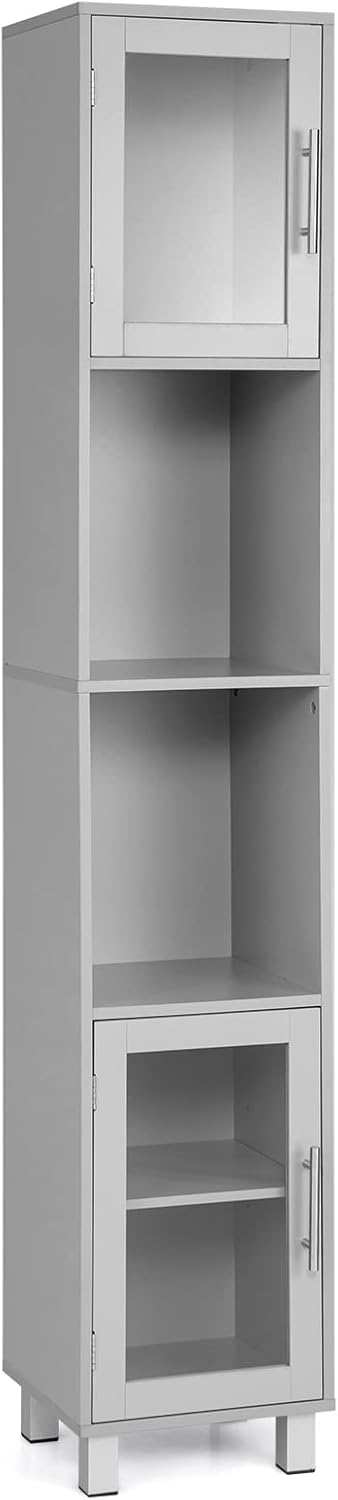 Tall Bathroom Storage Cabinet Slim Grey Cupboard Glass Door Shelf Unit