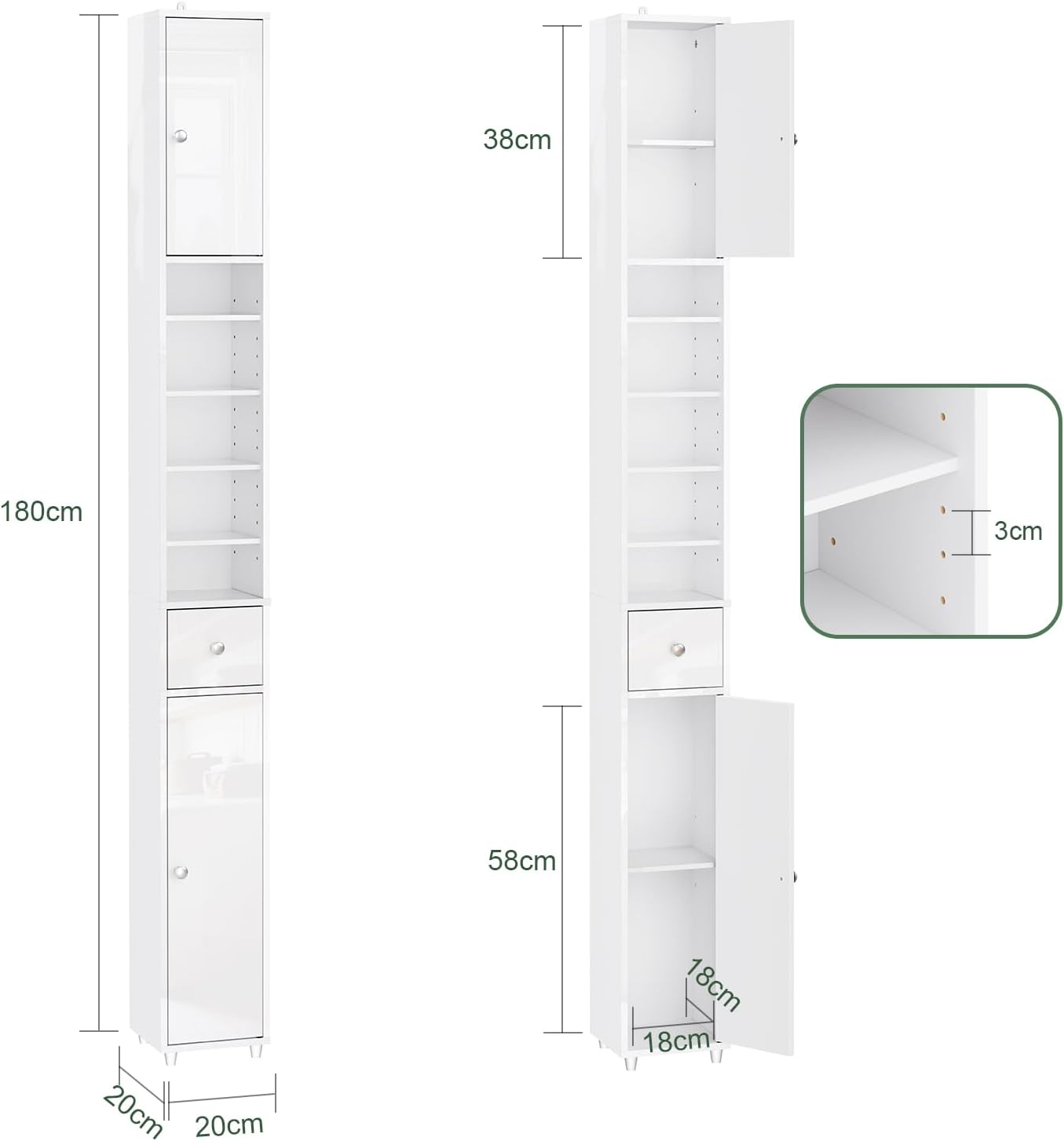 Slim Tall Bathroom Cabinet High Gloss White Drawer 180cm