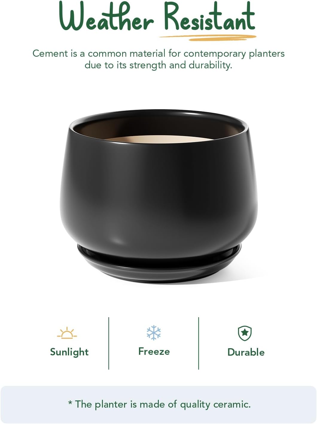 25cm Ceramic Plant Pot Black Modern Planter with Drainage Saucer