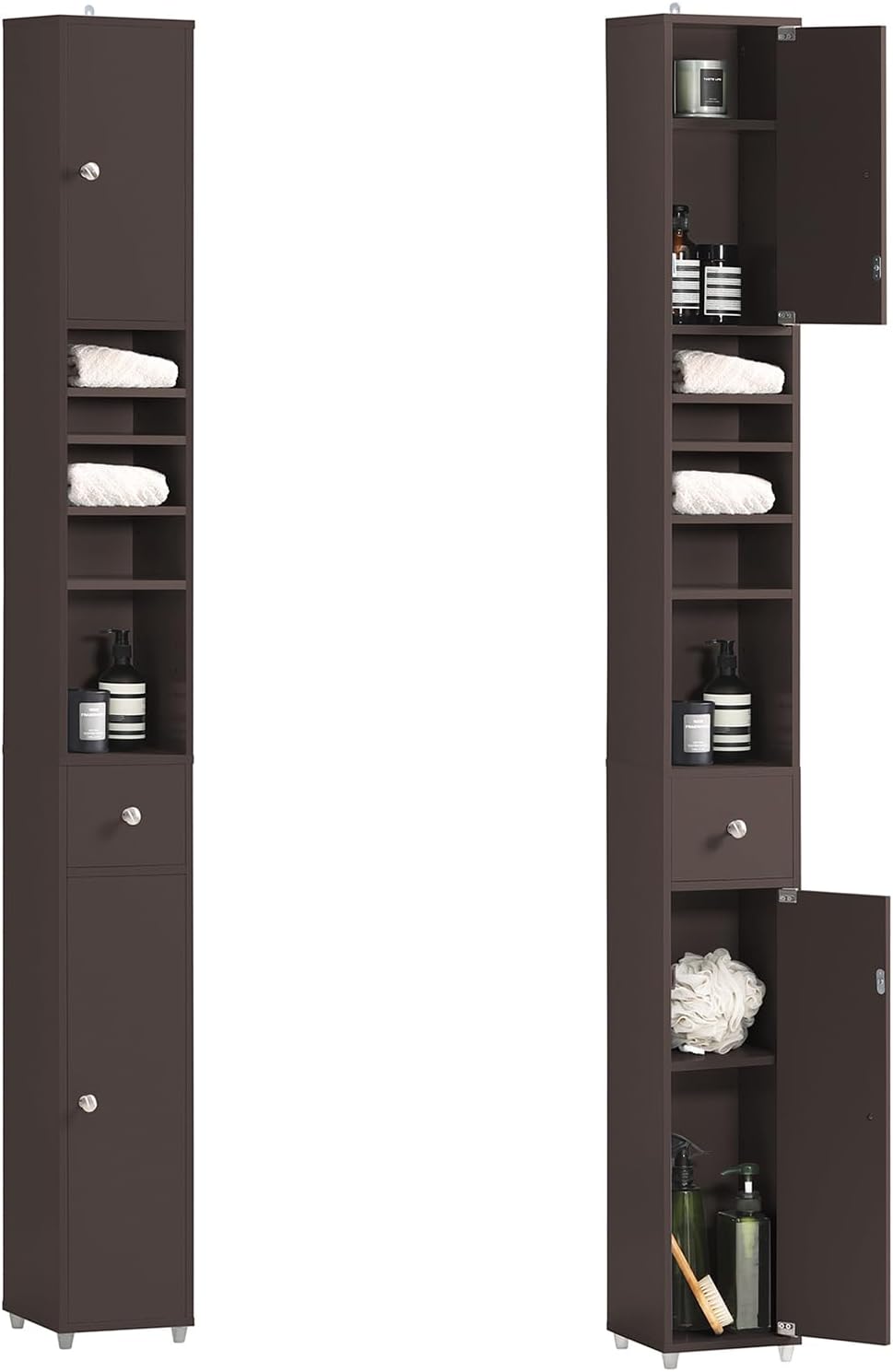 Slim Tall Bathroom Cabinet Brown Drawer Shelves 180cm 20cm