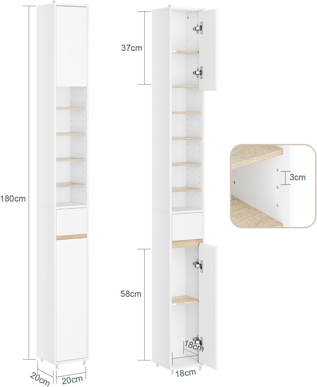 Slim Tall Bathroom Storage Cabinet 20cm White Natural 180cm