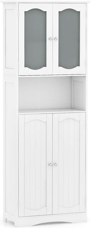 Tall Bathroom Storage Cabinet Glass Door Shelf Unit White