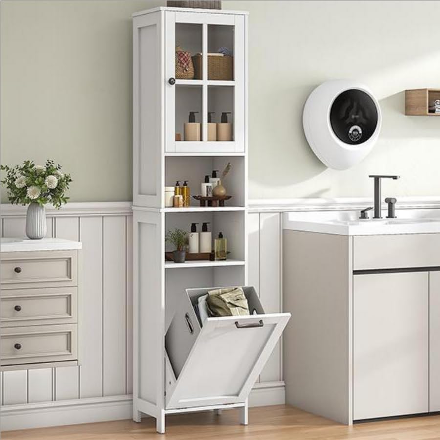 Tall Bathroom Cabinet Laundry Basket Acrylic Door White 170cm