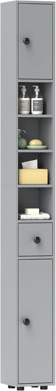 180cm Slim Bathroom Storage Cabinet 4 Shelves 2 Doors Grey