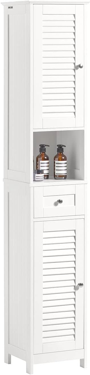Slim Tall Bathroom Cabinet White Louver Door Storage Cupboard
