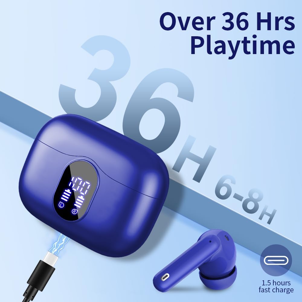 Wireless Bluetooth Earbuds Noise Cancelling 36 Hour Playtime LED Case