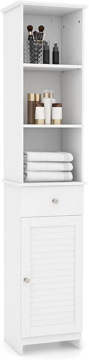 Slim Bathroom Tall Cabinet Drawer Shelf Cupboard White