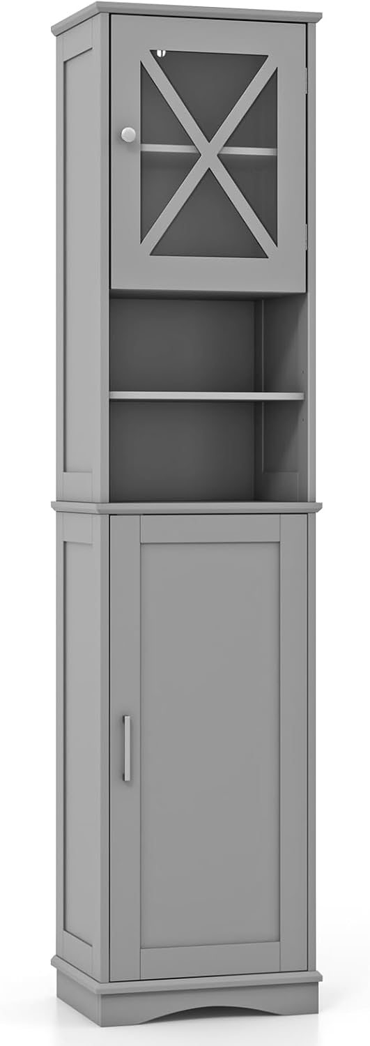 Tall Bathroom Storage Cabinet 2 Door Shelf Unit Grey