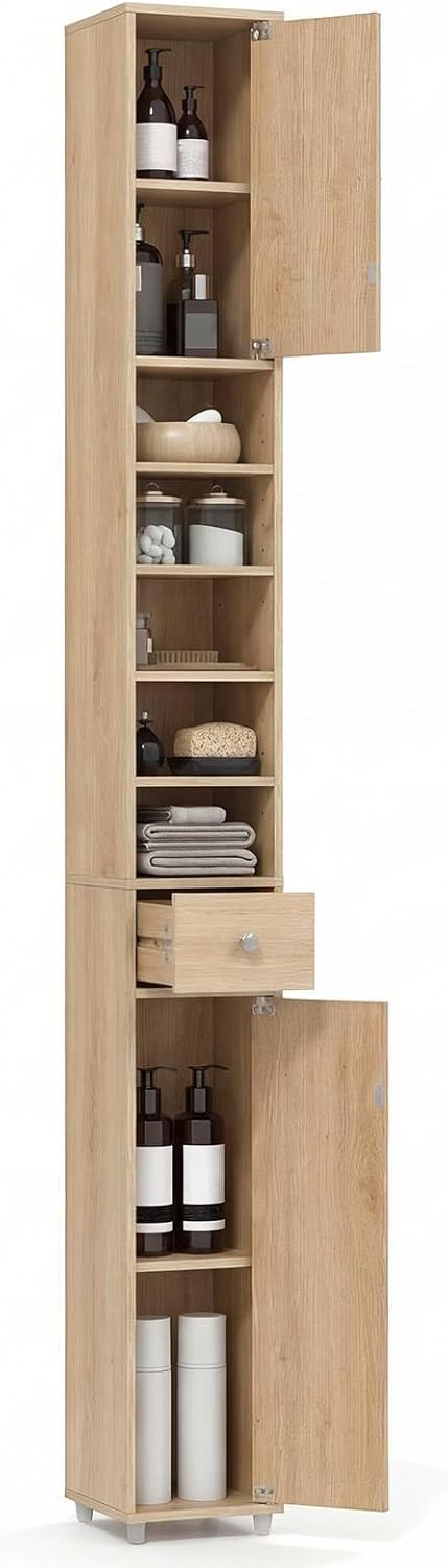 Slim Bathroom Tall Storage Cabinet Drawer Shelf Cupboard Natural