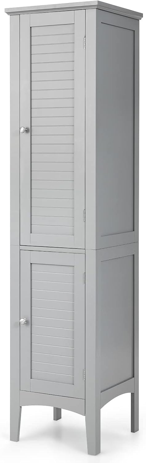 Slim Bathroom Tall Cabinet 2 Door 5 Tier Shelf Unit Grey
