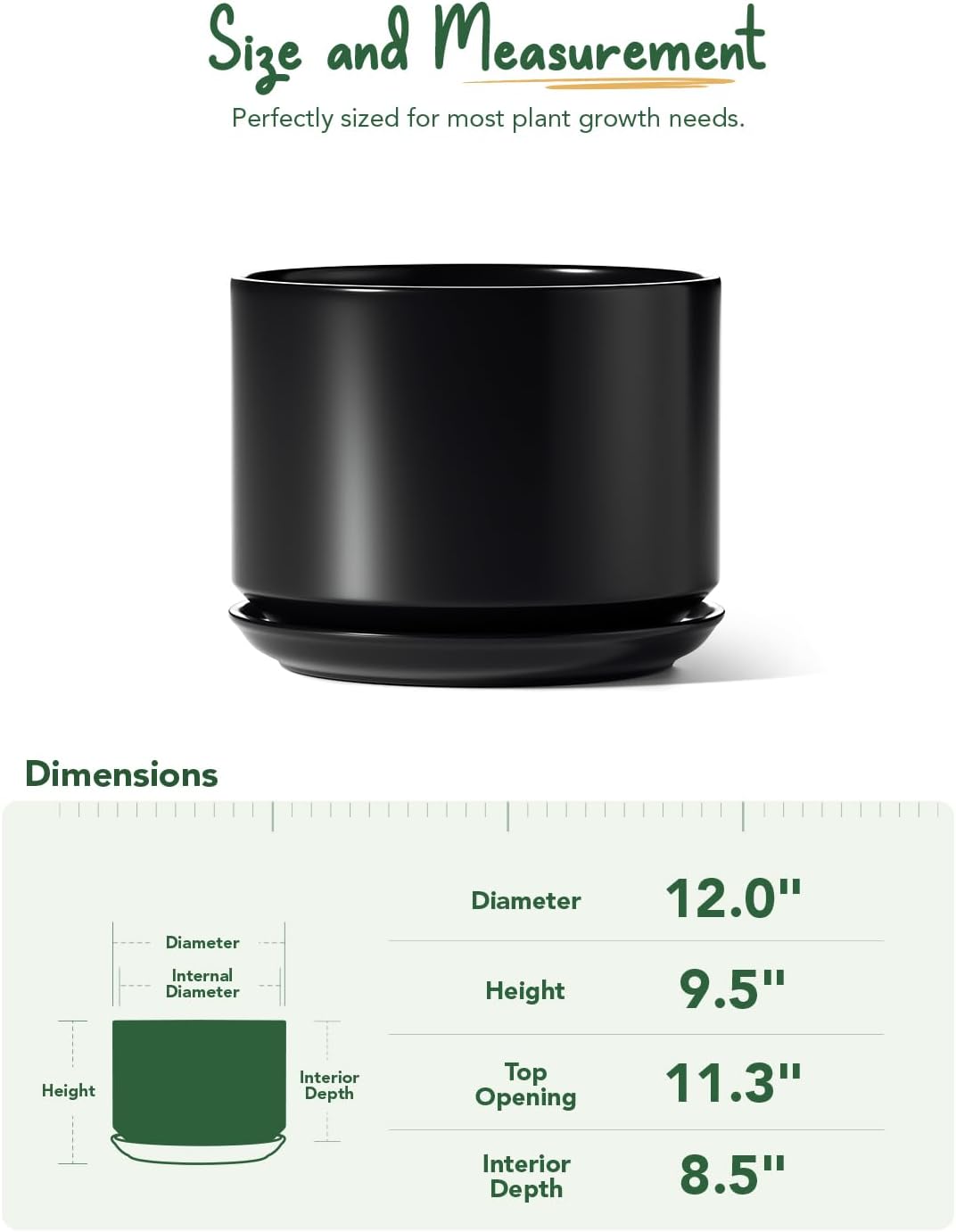 30cm Large Black Ceramic Plant Pot with Saucer Modern