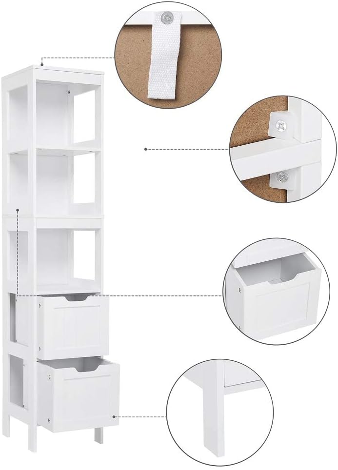 Tall Slim Bathroom Storage Cabinet 2 Drawers 3 Shelves White MDF