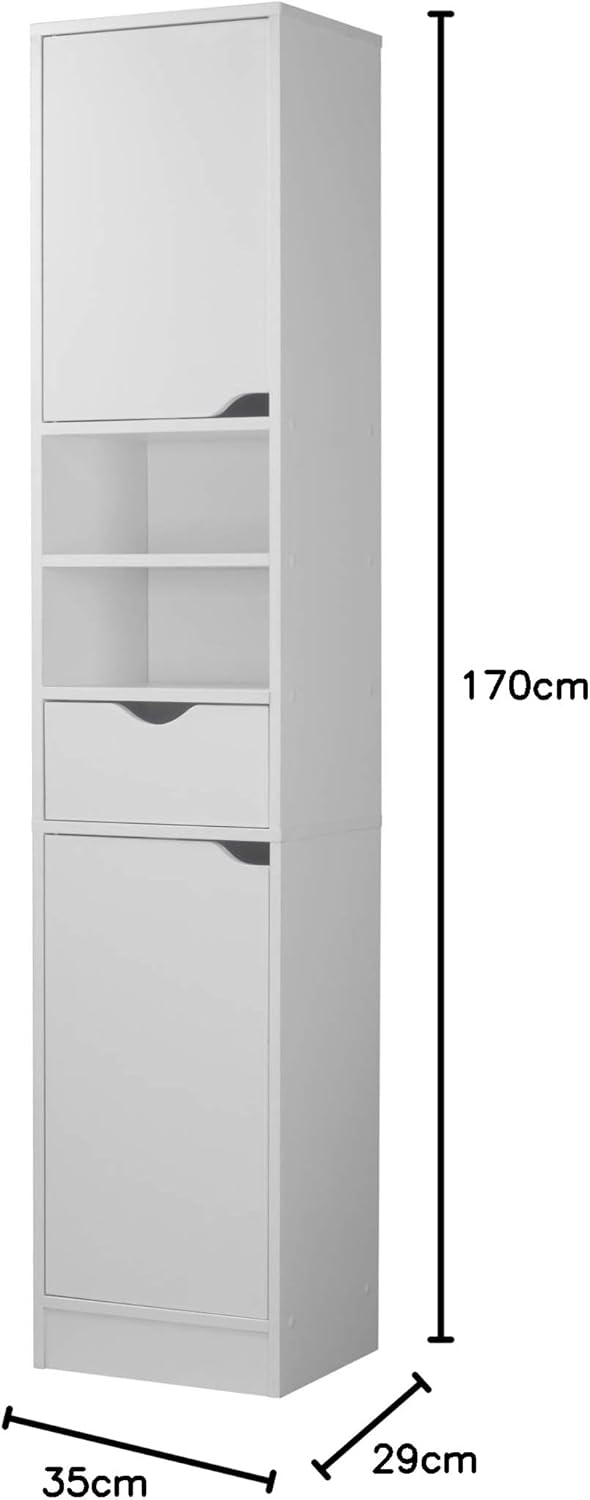 Tall Bathroom Storage Cabinet White 2 Door Drawer Unit