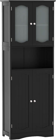 Tall Bathroom Storage Cabinet Glass Door Shelf Unit Black