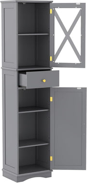 Tall Slim Storage Cabinet Grey Glass Door Drawer Unit