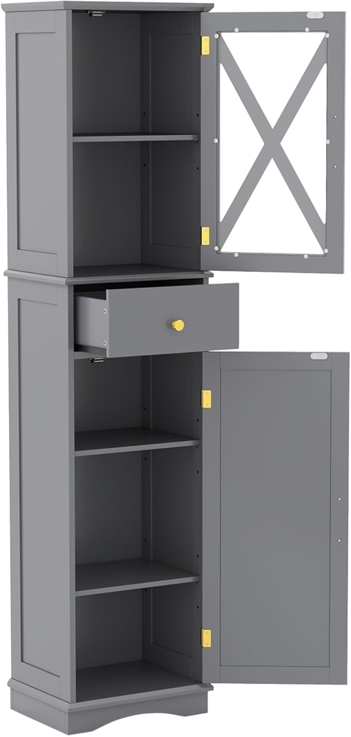 Tall Slim Storage Cabinet Grey Glass Door Drawer Unit