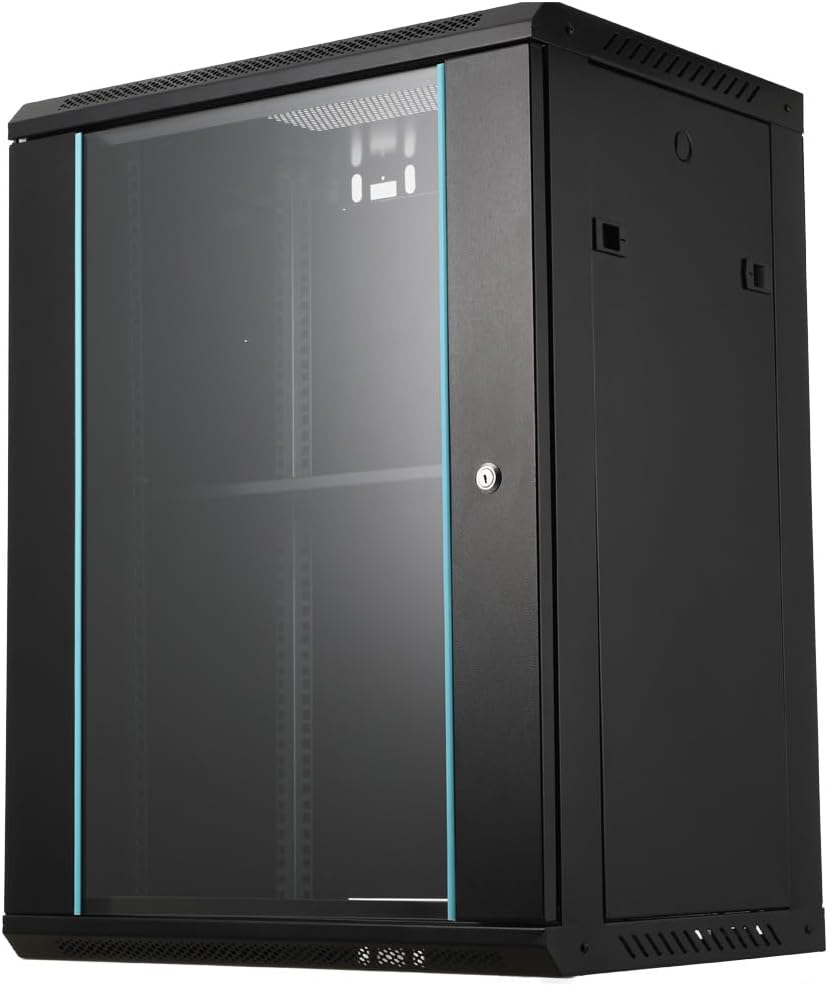 15U Wall Mount Network Server Cabinet Glass Door Black