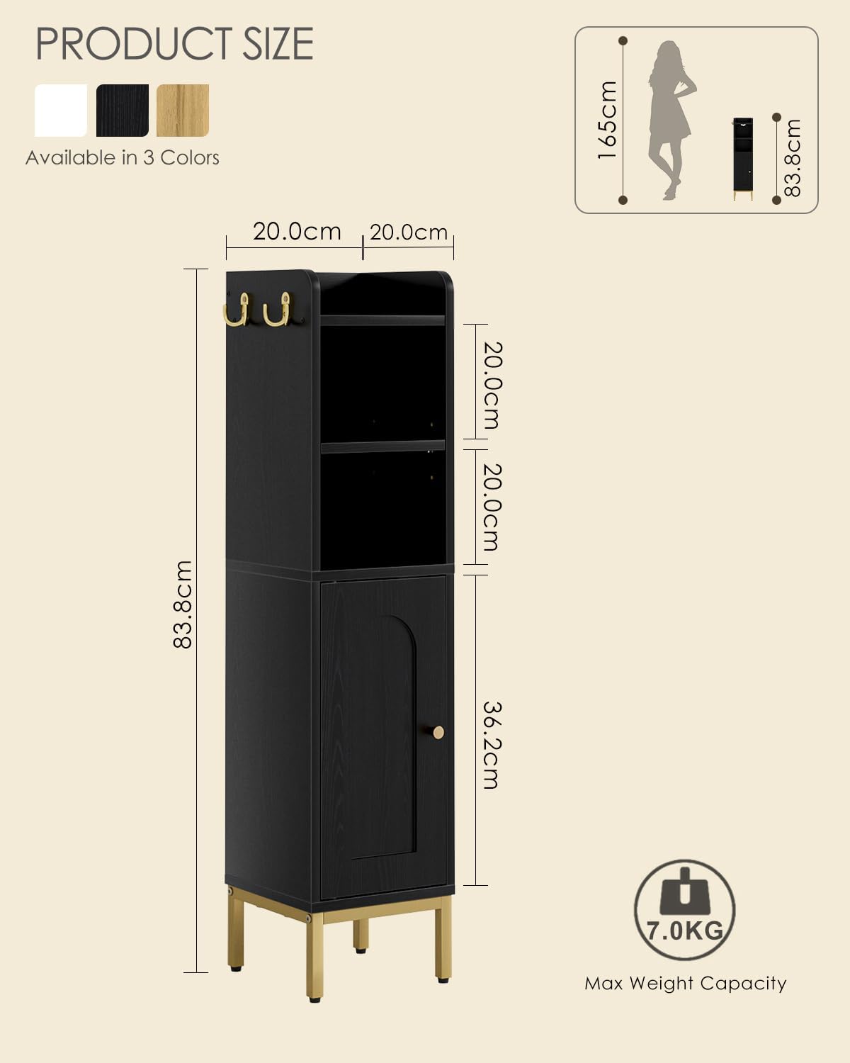 Slim Bathroom Storage Cabinet Door Black Freestanding Unit