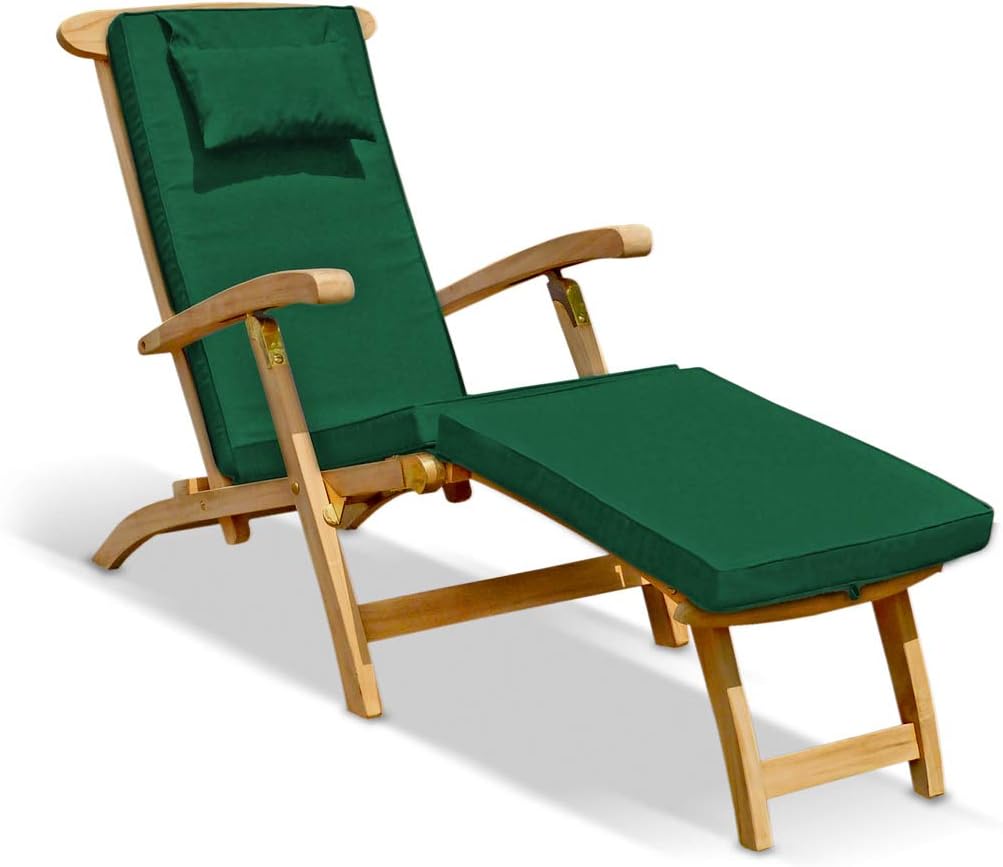 Teak Steamer Chair with Cushion Foldable Green Recliner