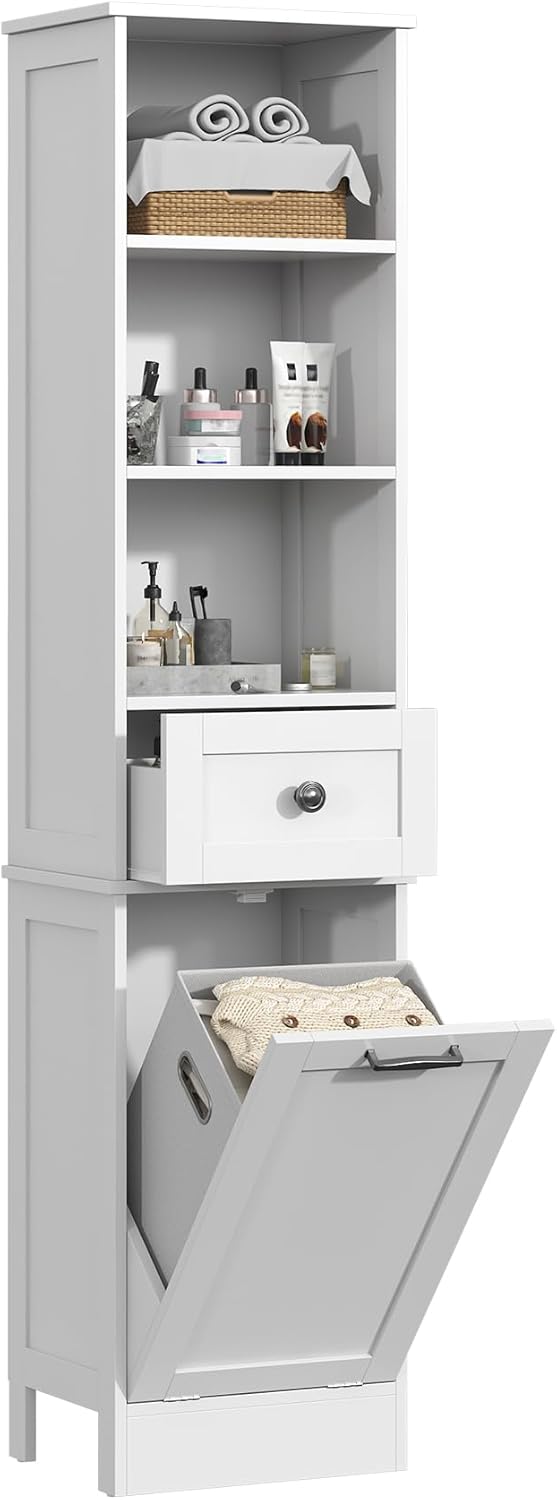 Tall Bathroom Cabinet Laundry Hamper Drawer Shelves White 170cm