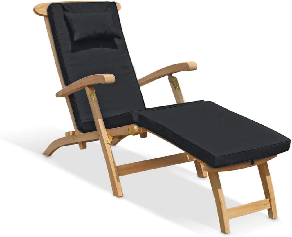 Teak Steamer Chair with Cushion Foldable Black