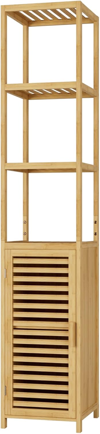 Tall Bamboo Bathroom Storage Cabinet 3 Shelves Door Natural