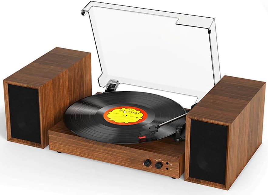 Stereo Record Player with Dual 10W Speakers Bluetooth Walnut