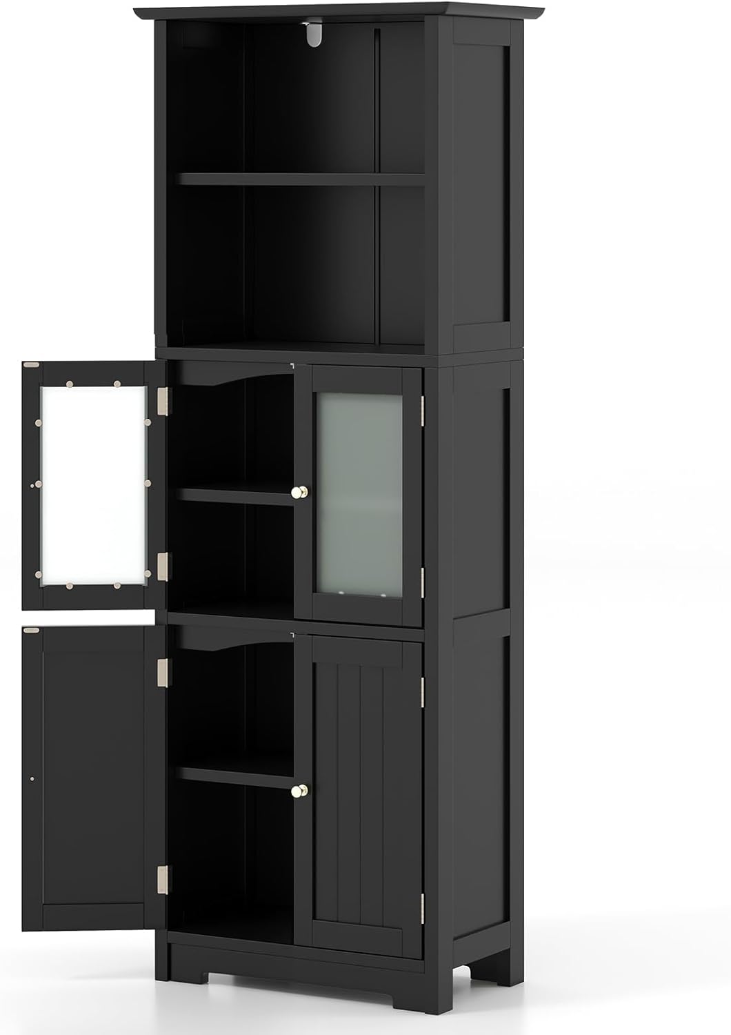 Tall Storage Cabinet Glass Door Shelf Unit Black