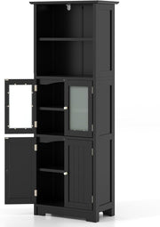 Tall Storage Cabinet Glass Door Shelf Unit Black