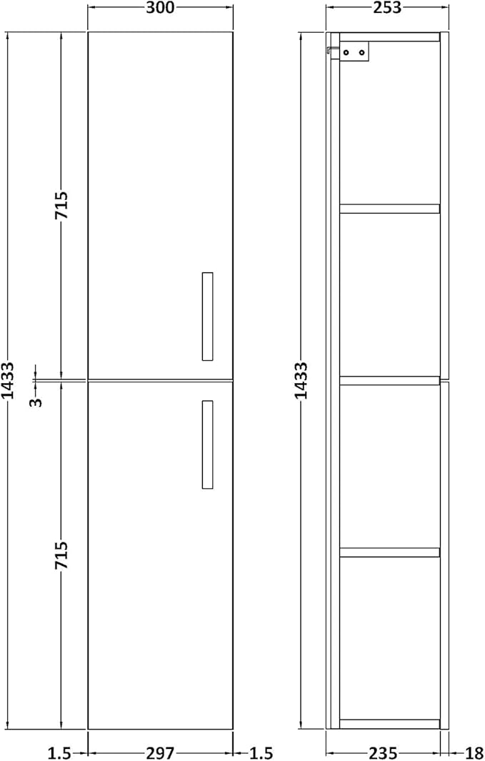 Gloss White Wall Hung Tall Bathroom Cabinet 2 Door Black Handle
