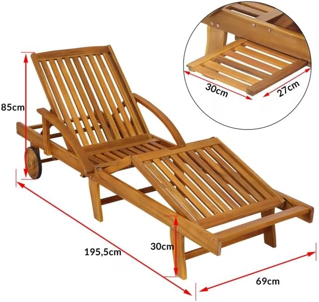 Acacia Wood Sun Lounger with Wheels Tray Adjustable