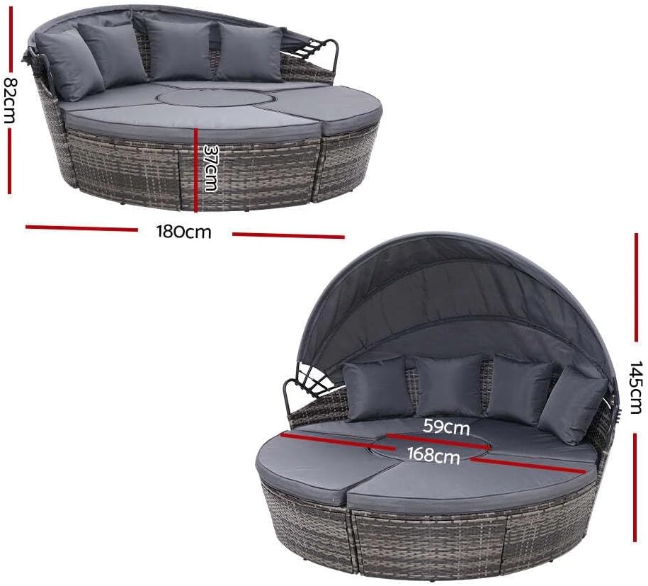 Outdoor Rattan Day Bed Chair Set Canopy Coffee Table Grey