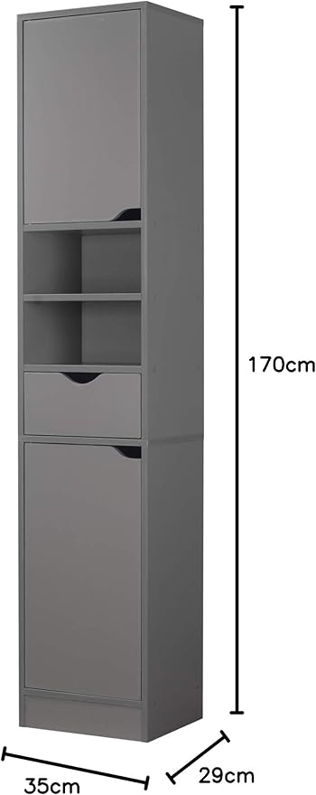 Grey Tall Bathroom Cabinet 2 Door 1 Drawer Storage Unit