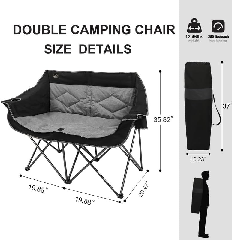 Black Double Folding Loveseat Camping Chair for 2