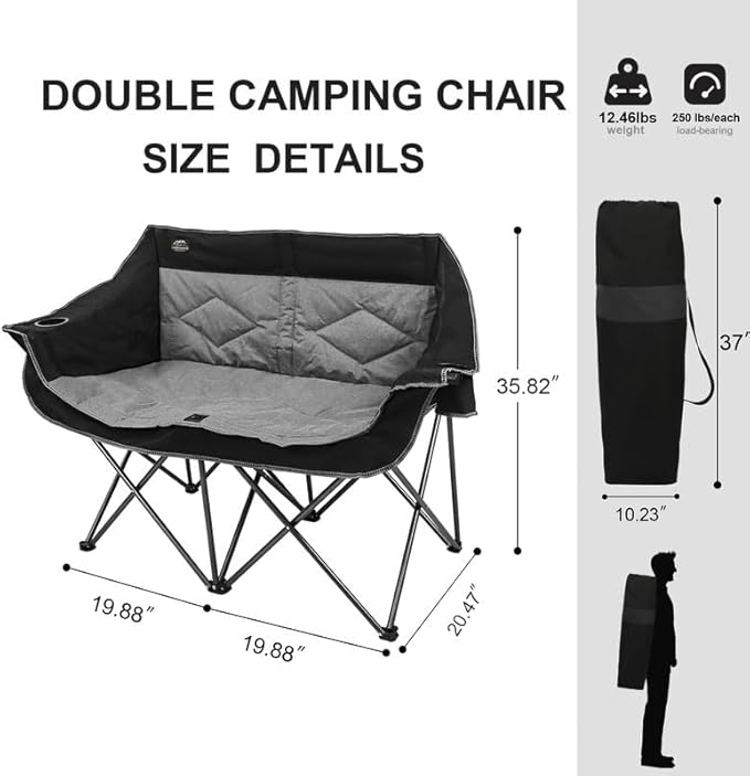 Double Folding Loveseat Camping Chair for 2 Black
