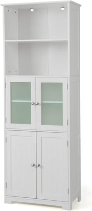 Tall Storage Cabinet Glass Door Shelf Unit White
