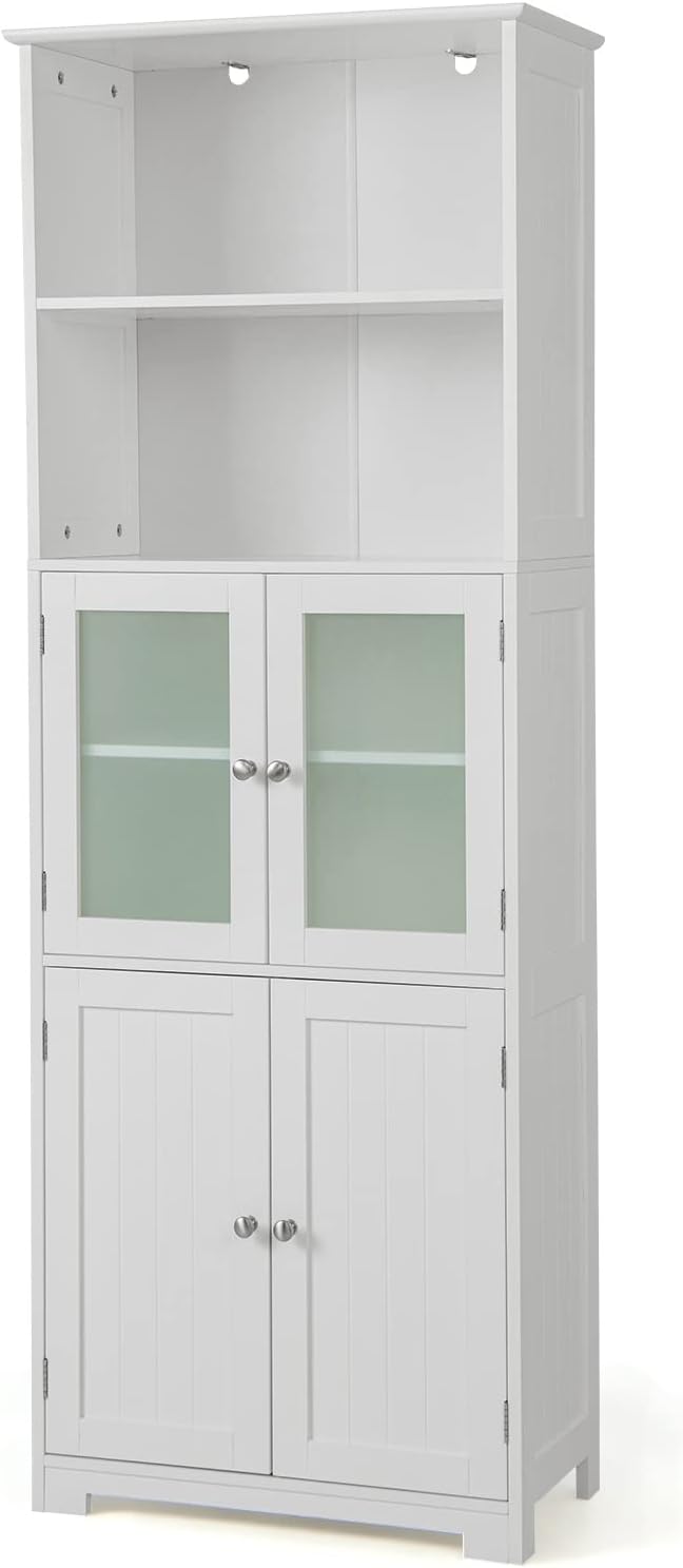 Tall Storage Cabinet Glass Door Shelf Unit White