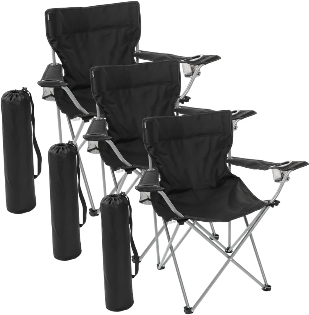 3 Pack Black Folding Camping Chairs Cup Holder Carry Bag Outdoor