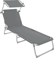 Folding Sun Lounger with Canopy Adjustable Backrest Grey