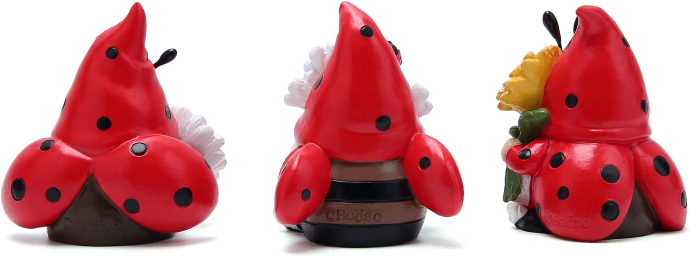 3PCS Ladybird Garden Gnome Set Resin Outdoor Ornaments Flower Decor