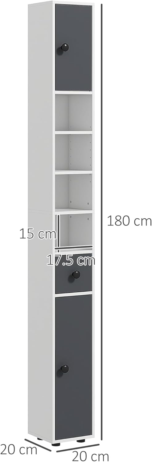 180cm Slim Bathroom Storage Cabinet 4 Shelves 2 Doors White Grey