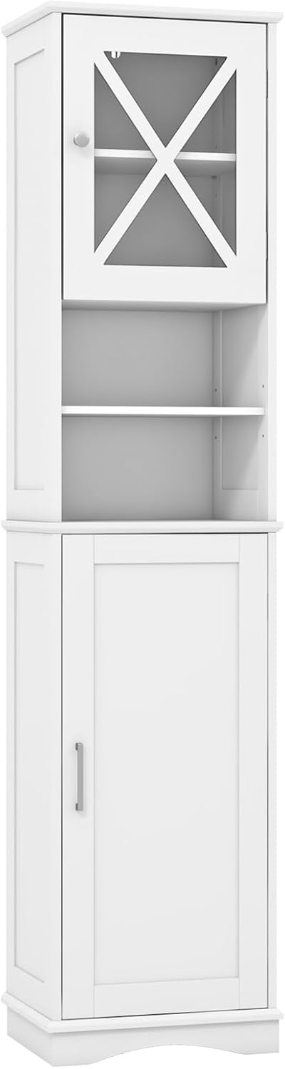 Tall Bathroom Storage Cabinet 2 Door Shelf Unit White